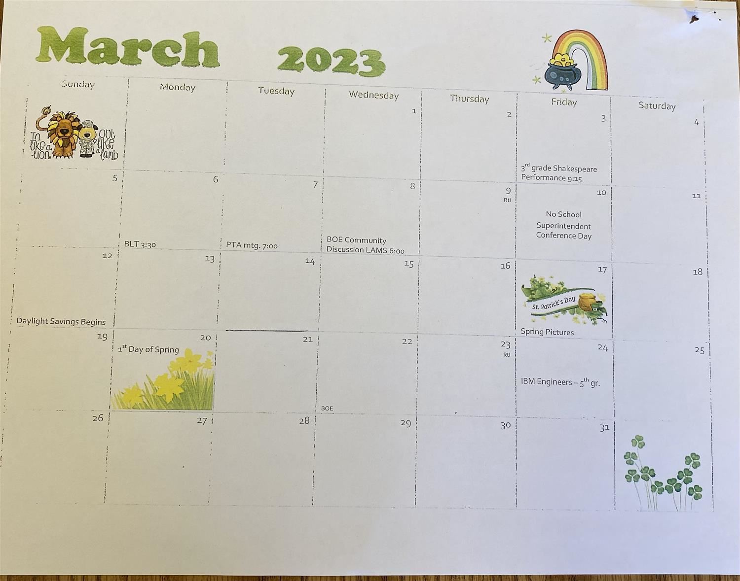  March Calendar